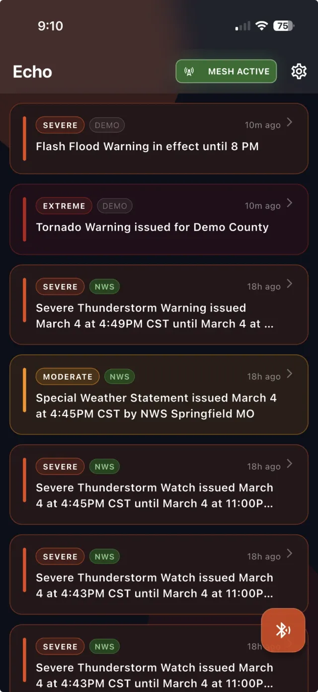 Echo's alert list with the MESH ACTIVE badge lit and severity chips down the feed.